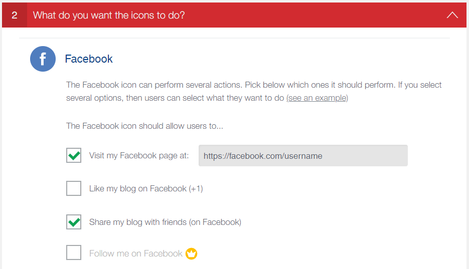 Ultimate Social Media Icons settings page, showing the available options in the what do you want the icons to do section
