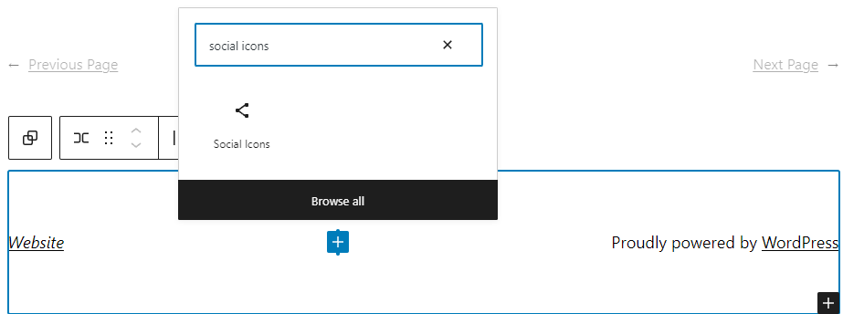 Inserting the social icons block using the block inserter

