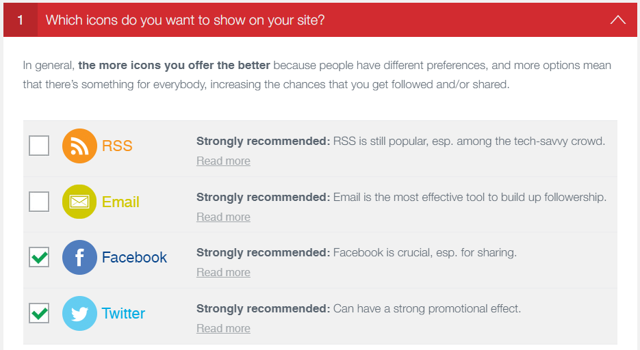 Ultimate Social Media Icons settings page, showing the available icons in the which icons do you want to show on your site section
