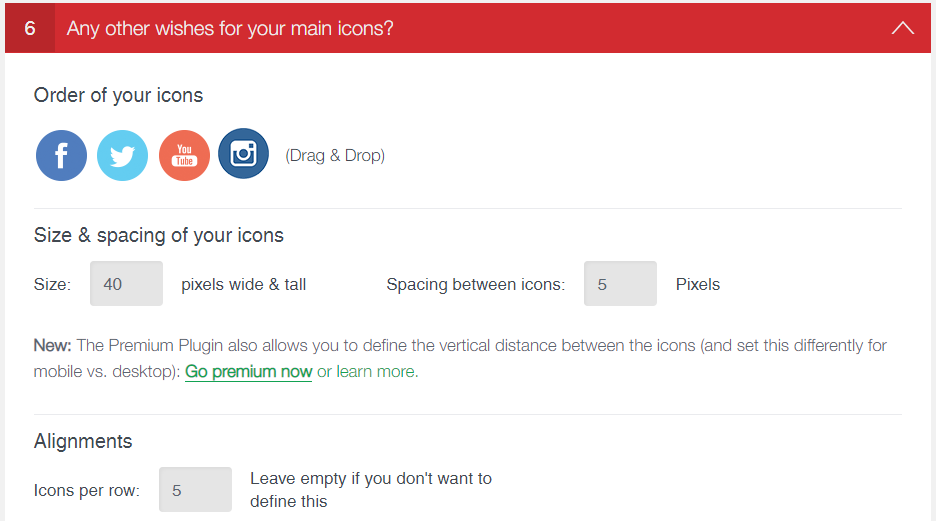 Ultimate Social Media Icons settings page, showing the available options in the any other wishes for your main icons section
