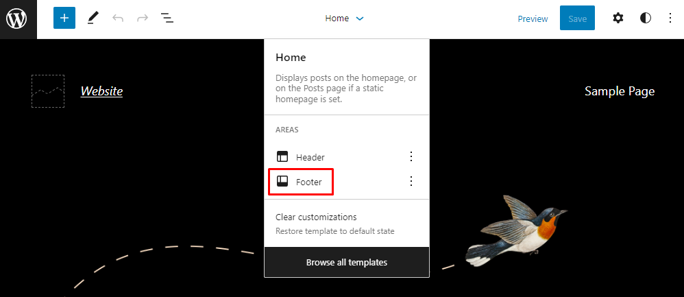 WordPress block editor, showing the template details drop-down menu where you can select the footer
