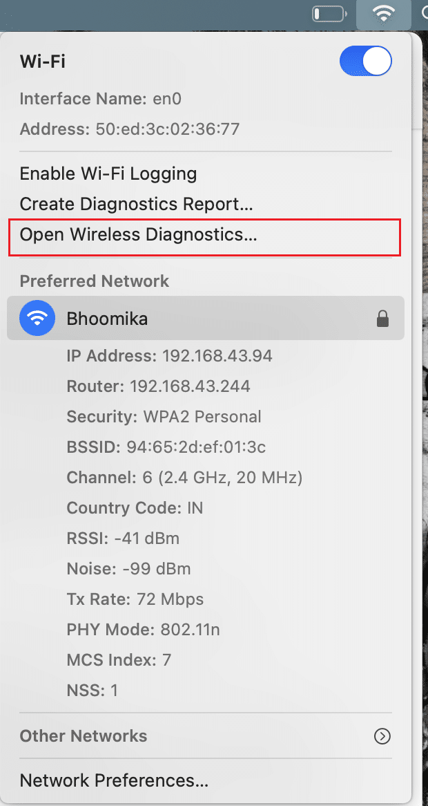 Click on Open Wireless Diagnostics | 