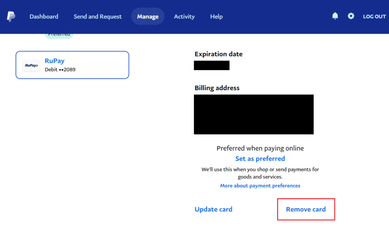 Scroll down and click on Remove card