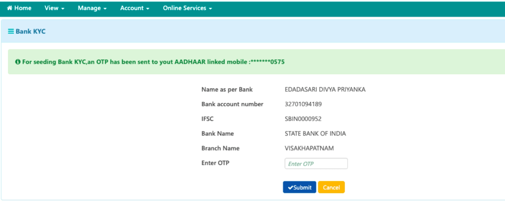 Bank details link in UAN member portal.