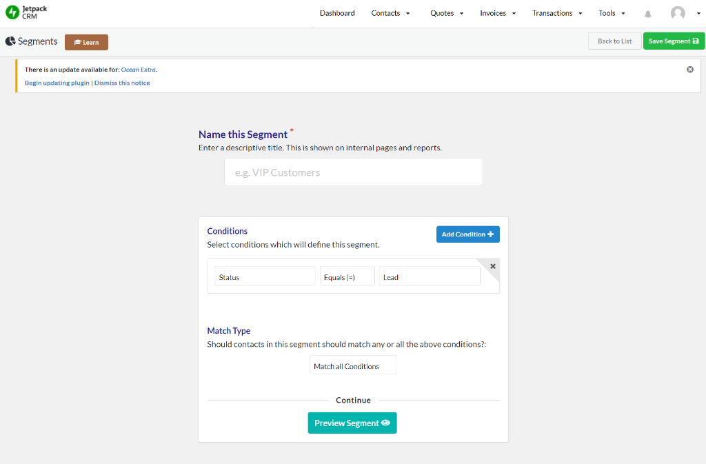 Segment feature of Jetpack CRM WordPress plugin
