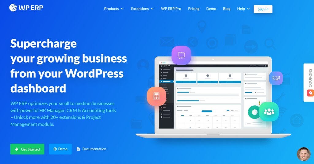 The landing page of WP ERP WordPress CRM plugin
