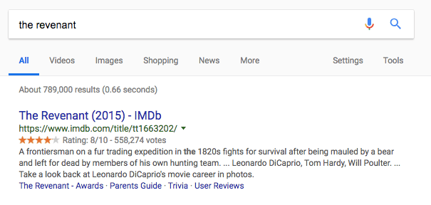 Example of a Schema mark up for "the revenant" keyword