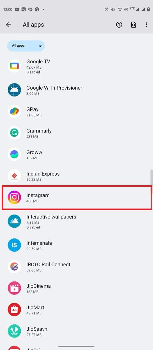 Scroll down and locate the Instagram app and tap on it