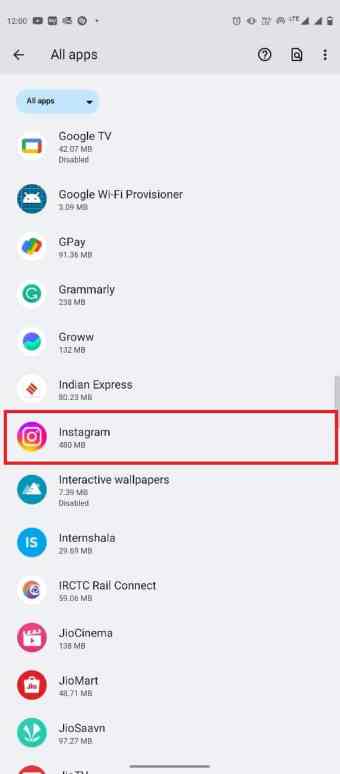 Scroll down and locate the Instagram app and tap on it