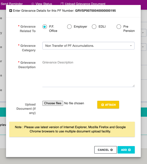 Annexure K request message in PF grievance portal,