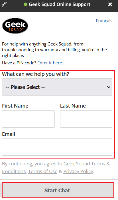 Select the desired help option, enter your name and email address, and click on Start Chat