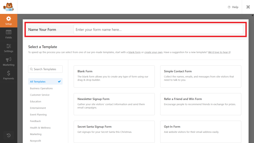 WPForms form builder, highlighting the Name Your Form field