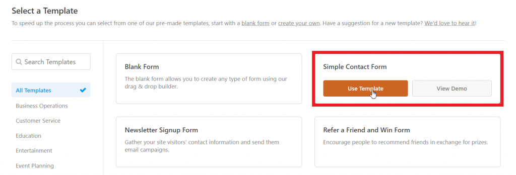 The Select a Template section, highlighting the Simple Contact Form template