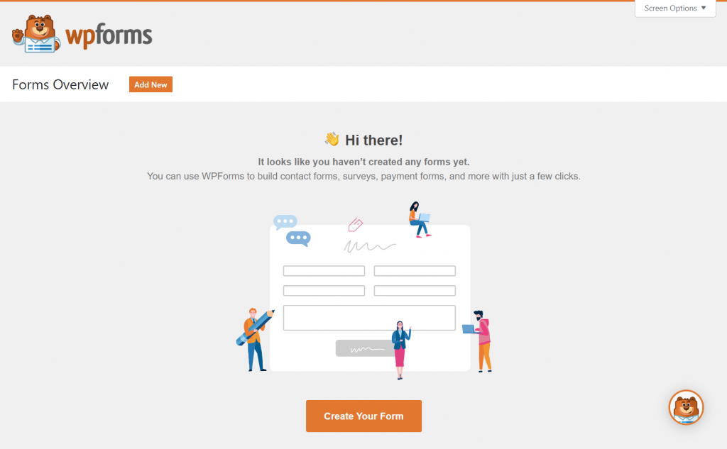 The Forms overview window on the contact form plugin WPForms