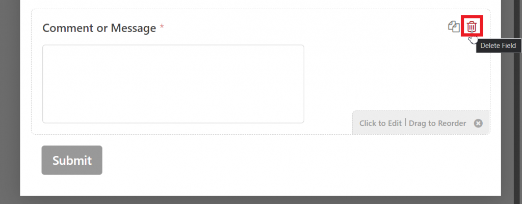 The delete field option on the contact form plugin WPForms