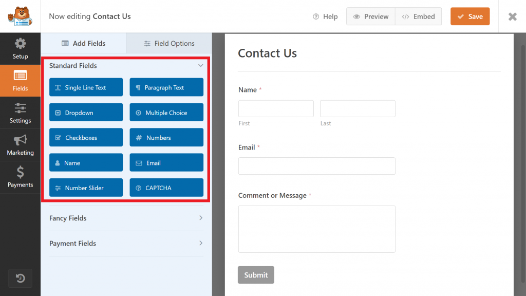 The Standard Fields section of the WordPress form builder plugin WPForms