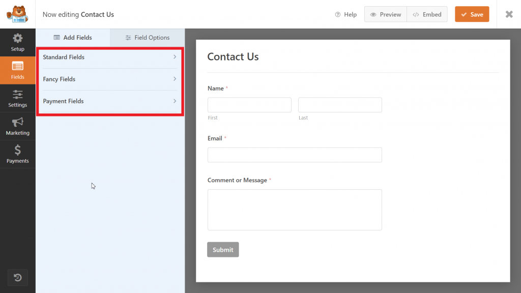 WPForms form builder, highlighting the three Add Fields sections - Standard Fields, Fancy Fields, and Payment Fields