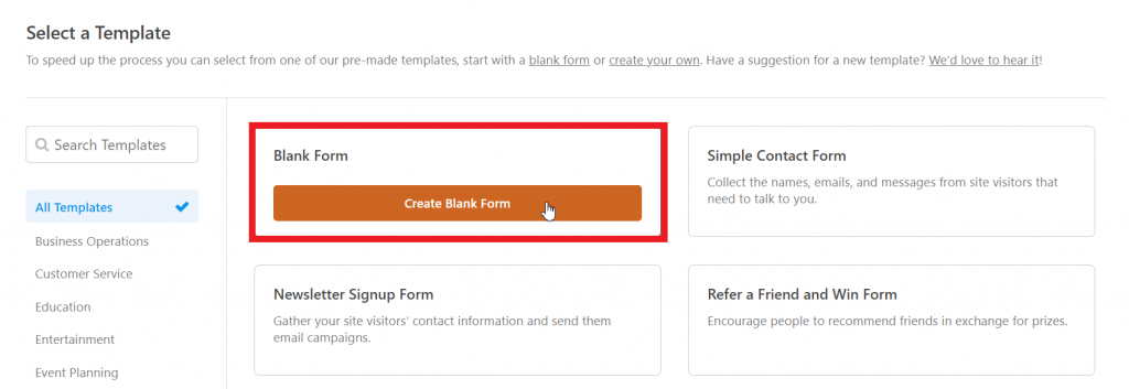 The Select a Template section, highlighting the Blank Form template