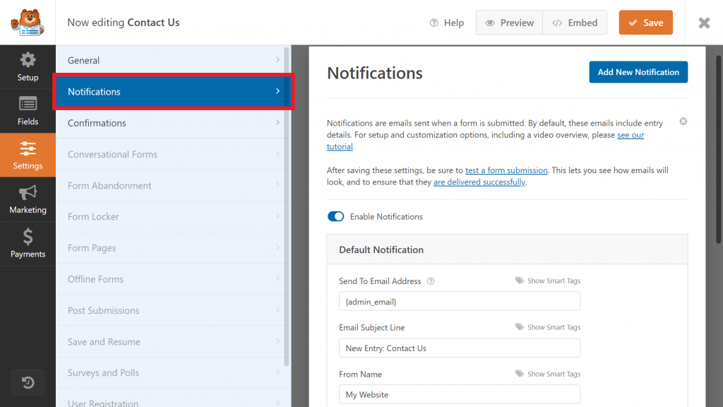 WPForms form builder, highlighting the Notifications page on the Settings section