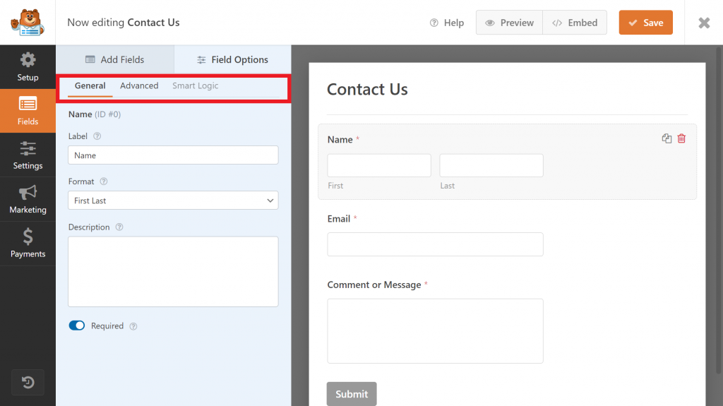 WPForms' contact form builder, highlighting the three Field Options tabs – General, Advanced, and Smart Logic