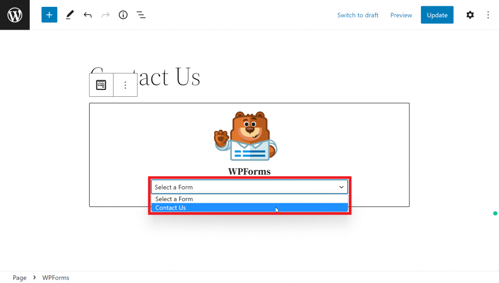 The WPForms block, highlighting the Select a Form dropdown menu