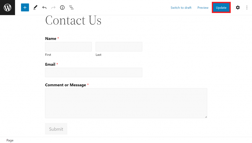 The WordPress block editor, highlighting the Update button