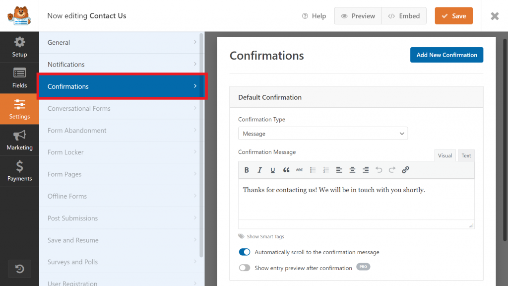 WPForms form builder, highlighting the Confirmations page on the Settings section