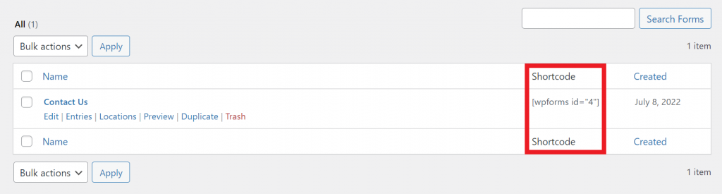 The WPForms page, highlighting the Shortcode column