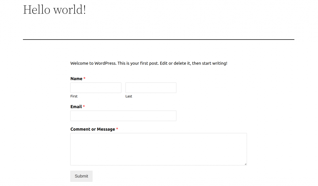 The WordPress preview page, showing a contact form in a post entitled Hello World!