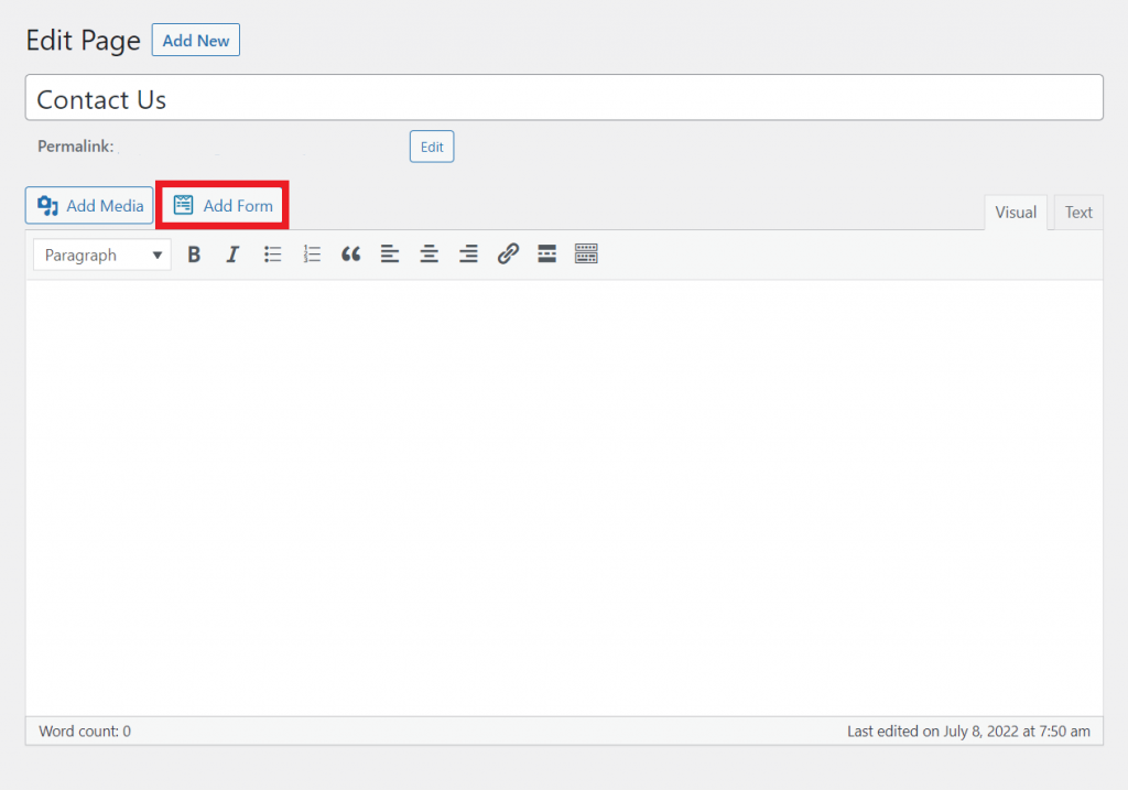 The WordPress classic editor, highlighting the Add Form button
