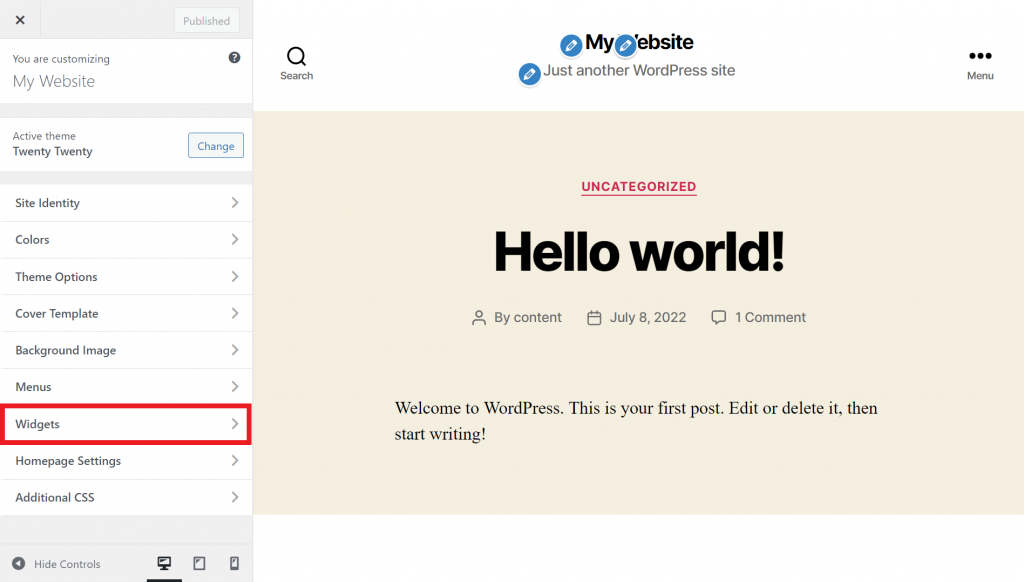 The Customizer page, highlighting the Widgets section