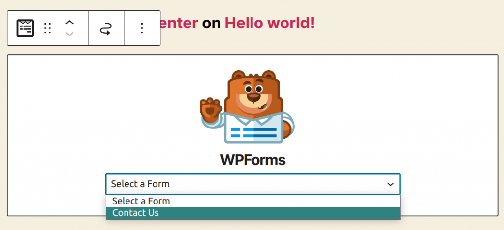 The WPForms block inside the widget area
