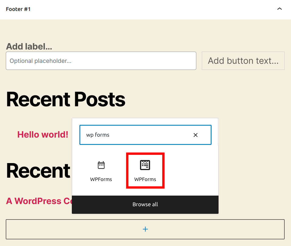 The WordPress widget entitled Fotter #1, highlighting the WPForms block in the block inserter