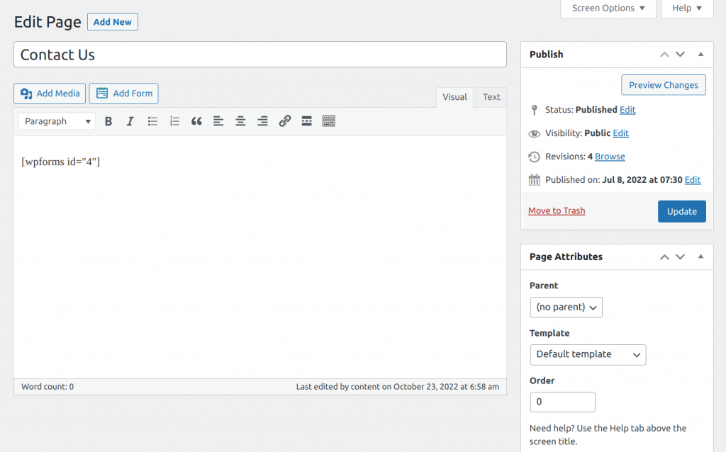 The WordPress classic editor, highlighting the Update button