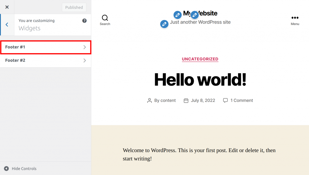 The Customizer page, highlighting the Footer #1 widget