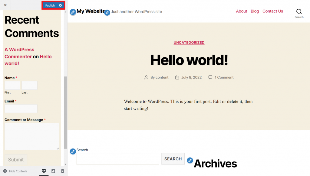 The Customizer page, highlighting the Publish button