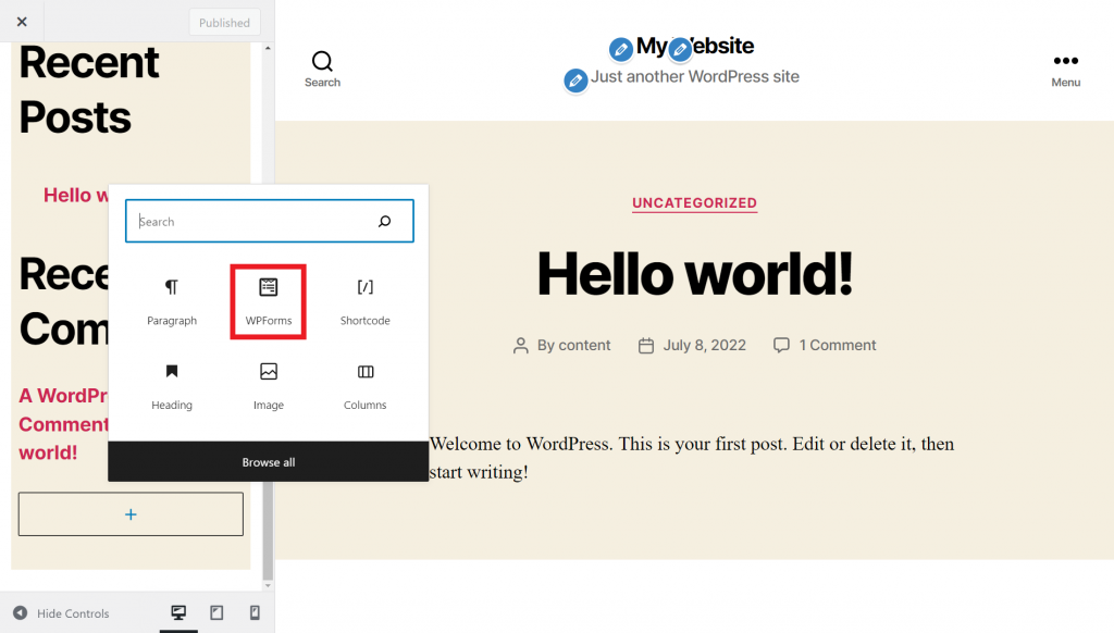 The Customizer page, highlighting the WPForms block in the block inserter