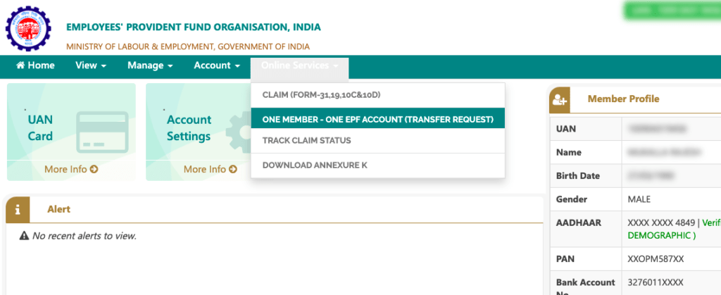 how to do pf transfer online under one member one epf account