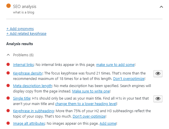 yoast SEO analysis and problems to fix 