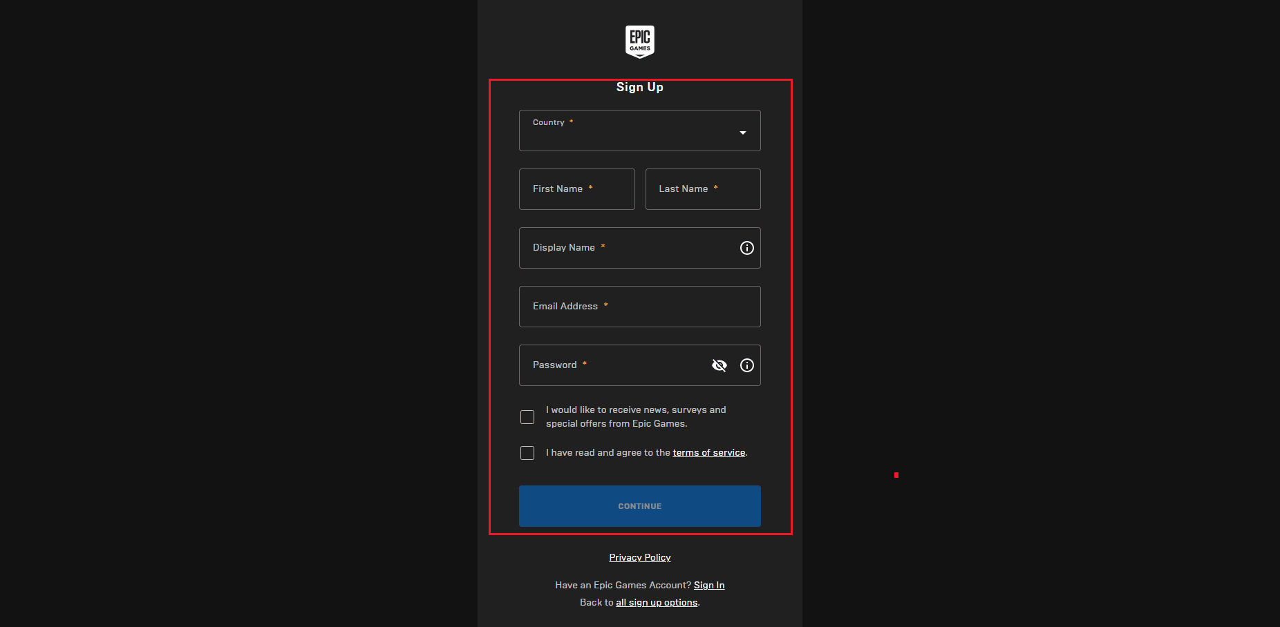 fill up sign up form in epic games sign up with email page