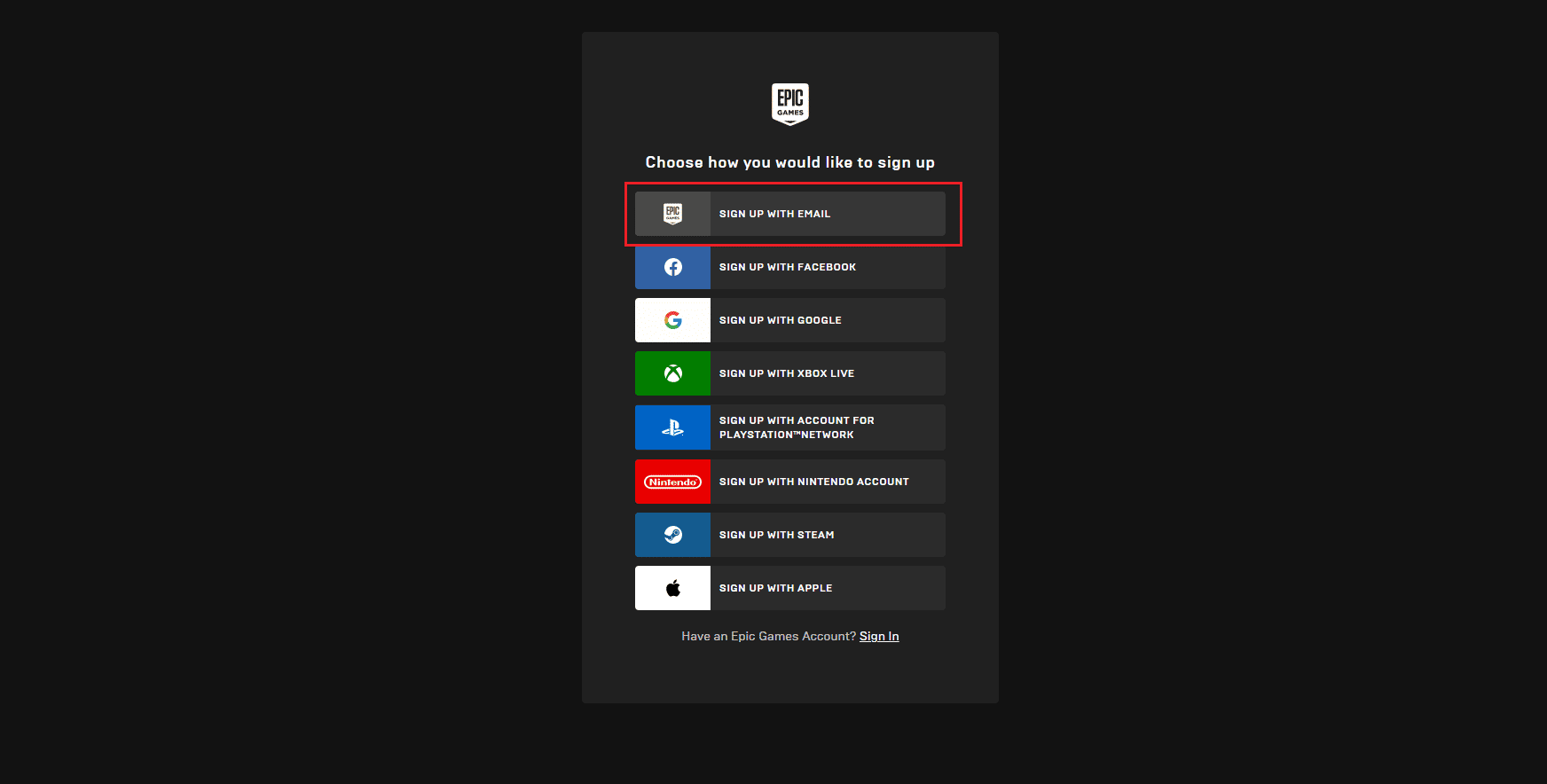 choose sign up with email in Epic games sign up page