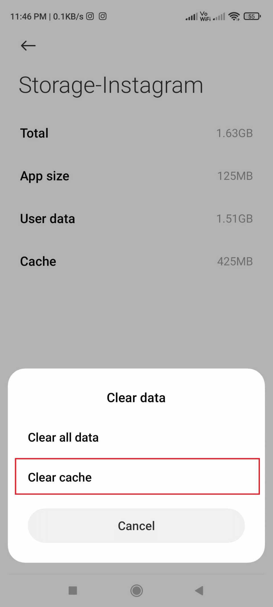 Select Clear cache. | How to Fix User Not Found on Instagram