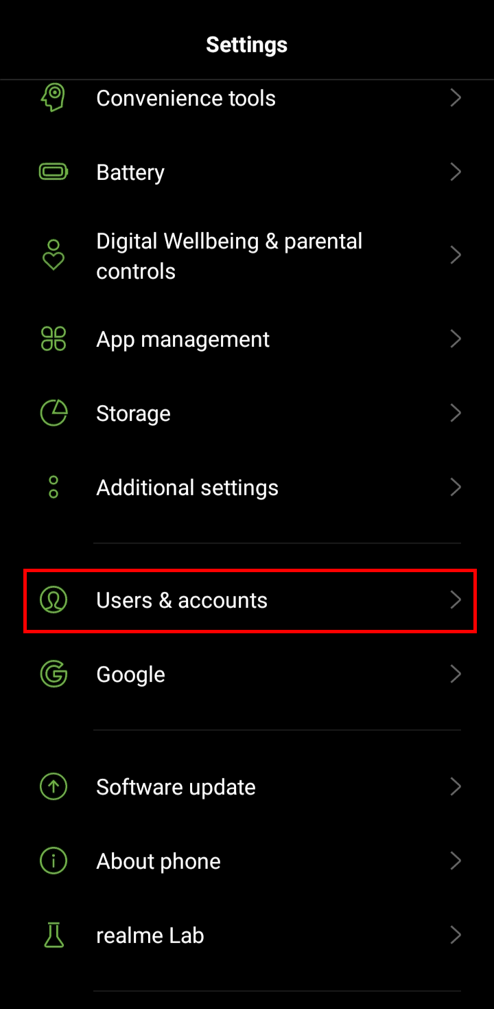 Scroll down to the Users & accounts and tap on it. | disable Google Chat