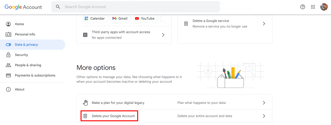 Scroll down to the bottom and click on Delete your Google Account option.