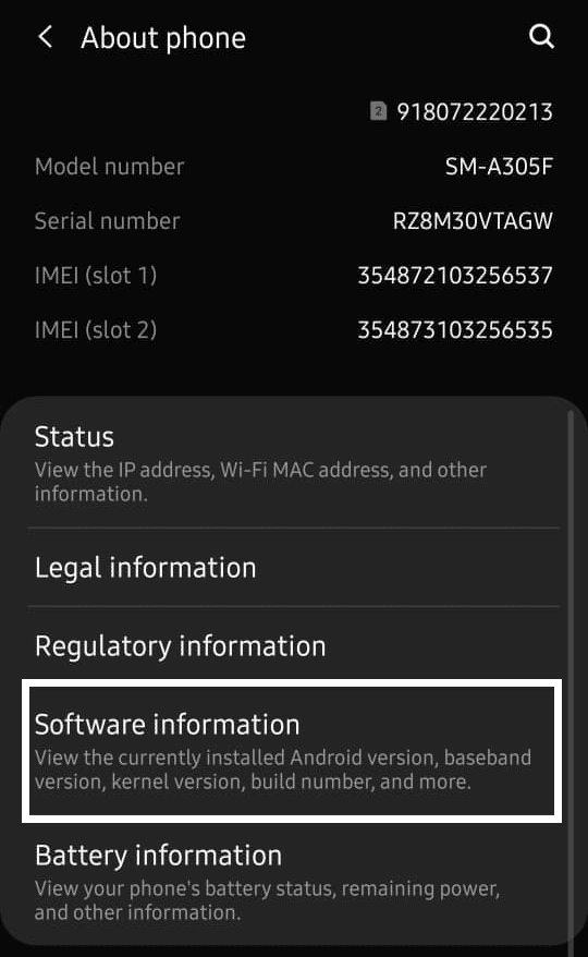Select Software information under About Phone | 