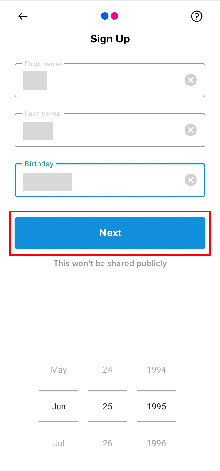 Enter your First name, Last name, and Birthday then tap on the Next button. | How to Log into Flickr with Yahoo Account