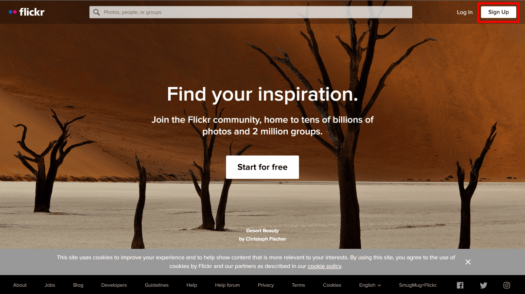Click on the Sign Up button at the top right corner of the screen. | How to Log into Flickr with Yahoo Account