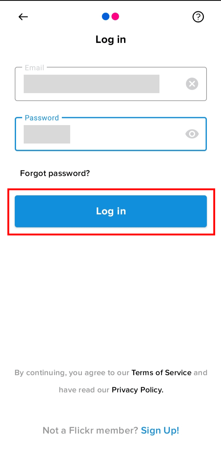 Enter your yahoo email address and Password then tap on the Log in button to log into your Flickr account. | 