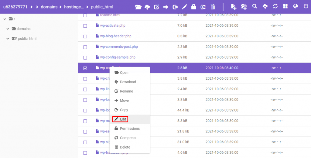 The wp-config.php file in File Manager.