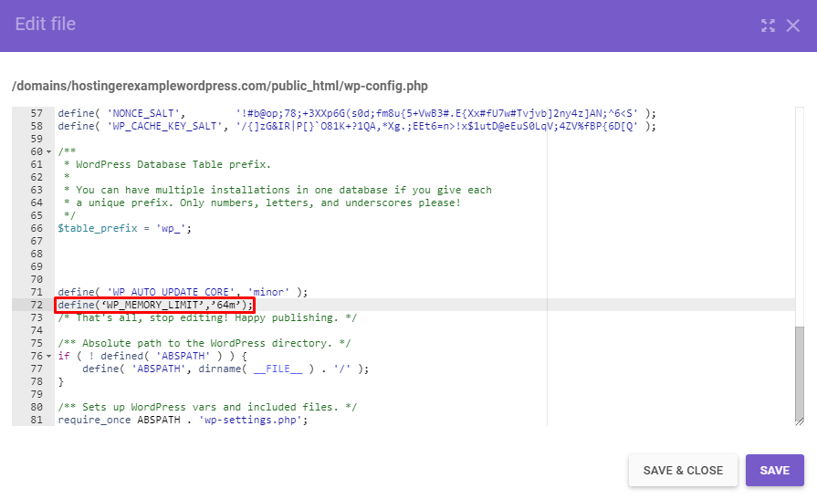 The 'define('WP_MEMORY_LIMIT','64M') line in the wp-config.php file
